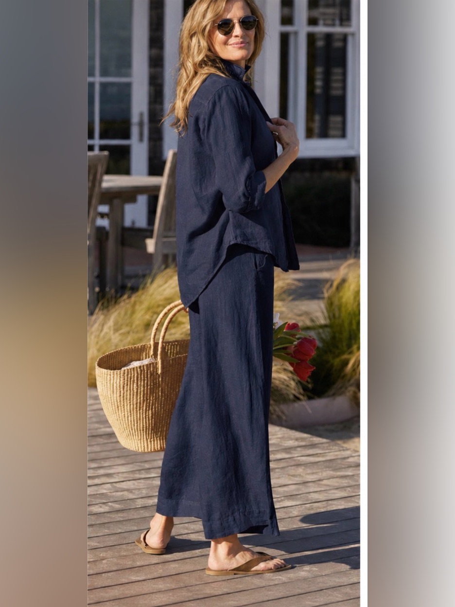 Frank & Eileen Tuscany Getaway Linen Set Button Down And Pull On Pant Navy Blue